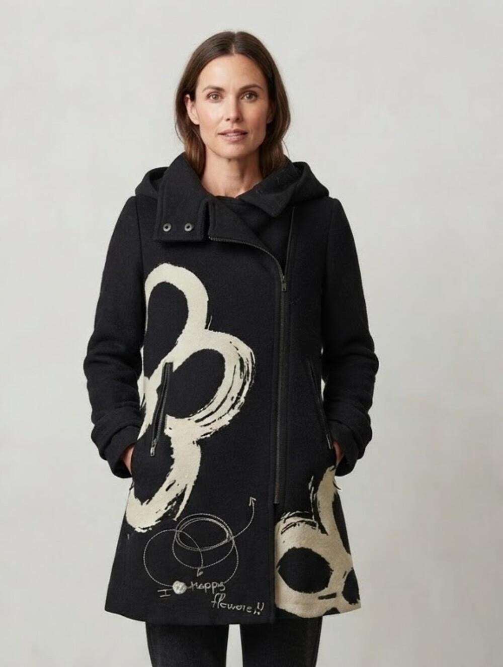 Desigual Hooded Coat with Cream Brushstroke Motif